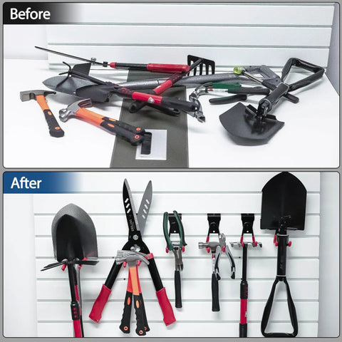 Before and after using Slatwall Hook Set 14 Pack Heavy Duty With 5 Sizes And Extra Welding Spots, Universal Fit for tools organization