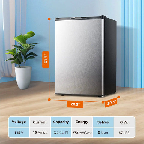 Top Tier Upright Mini Freezer With 3.0 Cubic Foot Storage And Brushed Stainless Steel Build, measures 31.7" height, 20.5" width, and 20.3" depth.