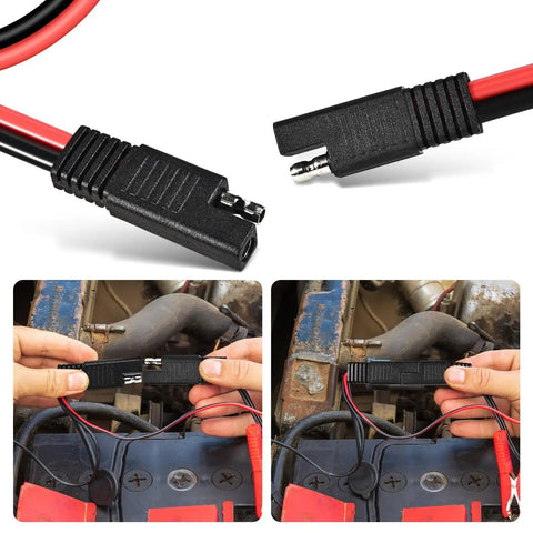 Beefy 2 Pack 2 Pin Quick Disconnect Polarized SAE Wire Harness, 1 Foot Long 10 AWG Bullet Lead Cable with Dust Cap in use