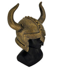 Kids Viking Horned Helmet For Costume Play LARP And Halloween, bronze finish, lightweight PVC, on a mannequin bust in profile