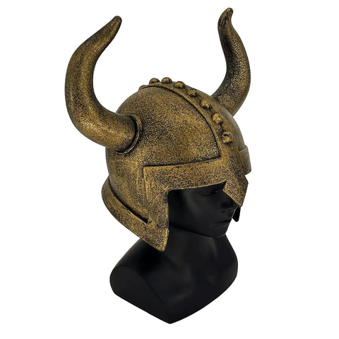 Kids Viking Horned Helmet For Costume Play LARP And Halloween, bronze finish, lightweight PVC, on a mannequin bust in profile