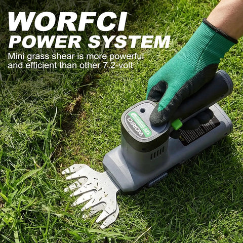Green-gloved hand using 12V Cordless Grass Shear And Hedge Trimmer 2 In 1 Handheld Electric Shrub Cutter on lawn, powered by WORFCI system.