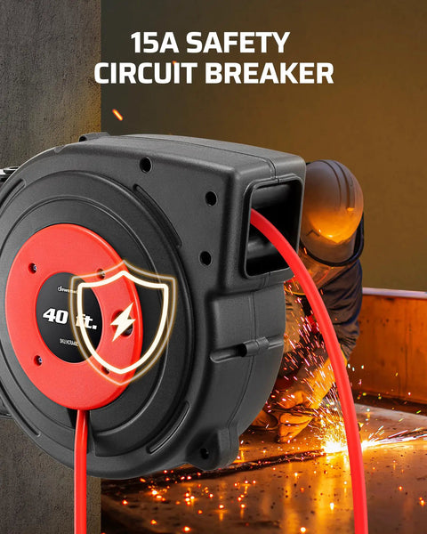 Retractable Extension Cord Reel With 40 Ft Heavy Duty Power Cord 12/3C SJTOW Lighted Triple Tap Outlets 15A Circuit Breaker