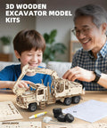 Father and son assembling 3D Wooden Excavator Puzzle Kit For Adults Build A Realistic Mechanical Model With 177 Laser Cut Parts