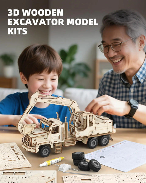 Father and son assembling 3D Wooden Excavator Puzzle Kit For Adults Build A Realistic Mechanical Model With 177 Laser Cut Parts