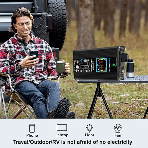 Man enjoying coffee with Weekend Warrior Solar Power Kit 6000W Inverter providing power for phone and laptop outdoors.