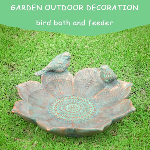 Antique Resin Bird Bath For Outdoors, Flower Shaped Garden Bird Bath With Vintage Bird Ornament on grass