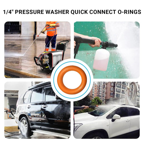 Leak Proof One Quarter Inch Pressure Washer O Rings Set For Quick Couplers That Fit M22 Connectors 100 Pack High Temperature Oil Resistant Replacement Seals Kit With Reusable Storage Case Orange used in pressure washing scenarios.