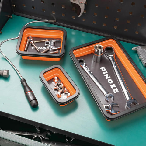 Collapsible Magnetic Parts Organizer Trays with 12 Inch Flexible Magnetic Pickup Tool in different sizes holding tools