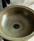 Slick Ceramic Pedestal Vessel Sink With Plug And Play Faucet Combo Super High Gloss Finish Easy Wipe Down Surface showing deep green finish.