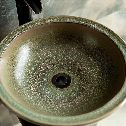 Slick Ceramic Pedestal Vessel Sink With Plug And Play Faucet Combo Super High Gloss Finish Easy Wipe Down Surface showing deep green finish.