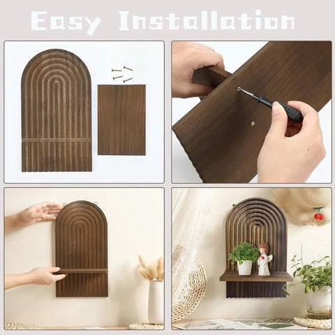 Set Of Two Boho Floating Wall Shelves For Cool Room Vibes And Rustic Display Space Featuring Dead Easy Mounting And Premium Solid Craftsmanship To Truly Level Up Your Decor Game, showcasing installation steps.