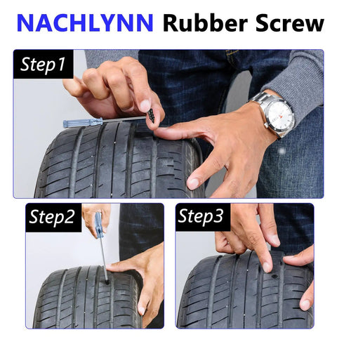 Person using 30 Pcs Tire Repair Screws Self Tapping Rubber Plugs Kit With Screwdriver And Storage Box for tire repair.