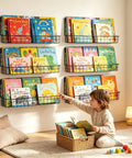 4 Pack Wall Mounted Metal Kids Bookshelf Floating Shelves For Nursery Toddler Room with colorful books and a child pointing.