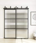 Bypass Glass Barn Door Kit With Double 6-Foot Hardware, 72 By 84 Inch Sliding Door Set In Reeded Glass, Black Carbon Steel Frame