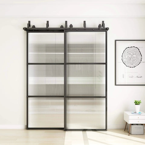 Bypass Glass Barn Door Kit With Double 6-Foot Hardware, 72 By 84 Inch Sliding Door Set In Reeded Glass, Black Carbon Steel Frame