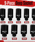 Image of 9-Piece Deep Impact Socket Set showing various sizes from 29mm to 38mm, part of the Half Inch Drive Deep Impact Socket Set, 9 Piece Metric 29mm to 38mm 6 Point Axle Nut Sockets, Heavy Duty CRV Steel, Black Phosphate Finish, Impact Ready for Tough Jobs.