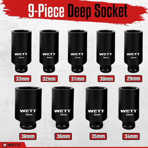 Image of 9-Piece Deep Impact Socket Set showing various sizes from 29mm to 38mm, part of the Half Inch Drive Deep Impact Socket Set, 9 Piece Metric 29mm to 38mm 6 Point Axle Nut Sockets, Heavy Duty CRV Steel, Black Phosphate Finish, Impact Ready for Tough Jobs.