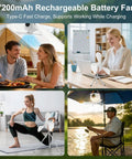 Portable Camping Fan With LED Lights And Remote shown indoors and outdoors for diverse use, highlighting rechargeable feature