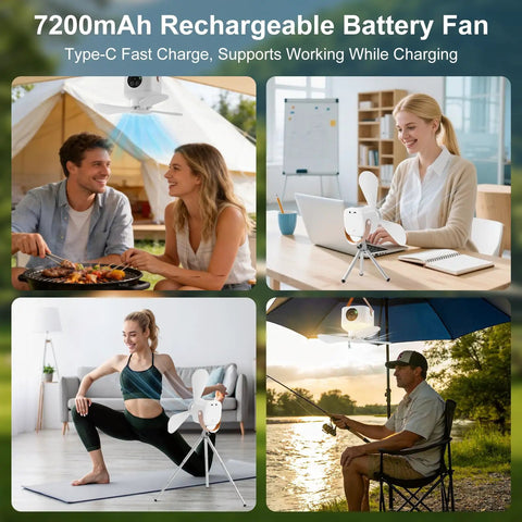 Portable Camping Fan With LED Lights And Remote shown indoors and outdoors for diverse use, highlighting rechargeable feature
