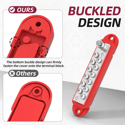 12V 150A Marine Power Distribution Block With One Quarter Inch Stud And M4 Terminal Screws Beefy Heavy Duty DC Battery Bus Bar For Boat Automotive And Solar Wiring, red buckled cover