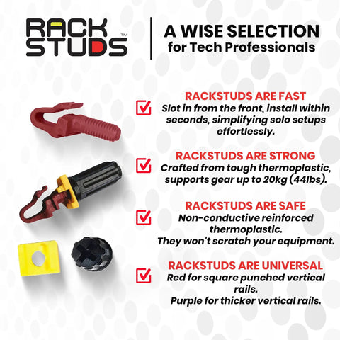 Rackstuds product selection showcasing fast and strong red rack screws, ideal for 19-inch racks with square vertical rails.