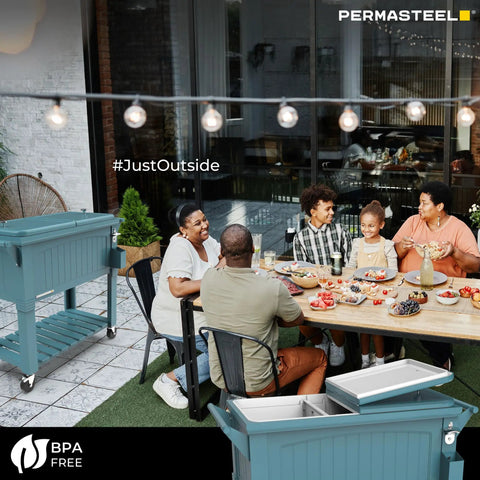 Family enjoying outdoor meal with Party Cooler With Divider And Locking Lid, 80-Qt Rolling Ice Chest, Matte Teal Finish nearby.