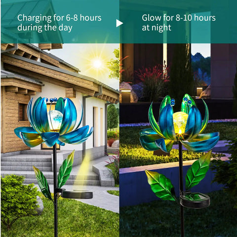 Solar Powered Garden Wind Spinner Light With Blue Lotus Crackle Glass Globe Waterproof LED Outdoor Decor Stake for Lawns