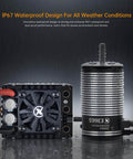 Sensored Brushless Motor And ESC Combo For RC Car With Beefy Power, Two To Four S LiPo, IP67 Waterproof, 3300KV Motor With E10 ESC, XT60 Connector, Ready For One Tenth Scale Short Course Cars Trucks And Monster RC Trucks displayed, emphasizing the waterproof design.