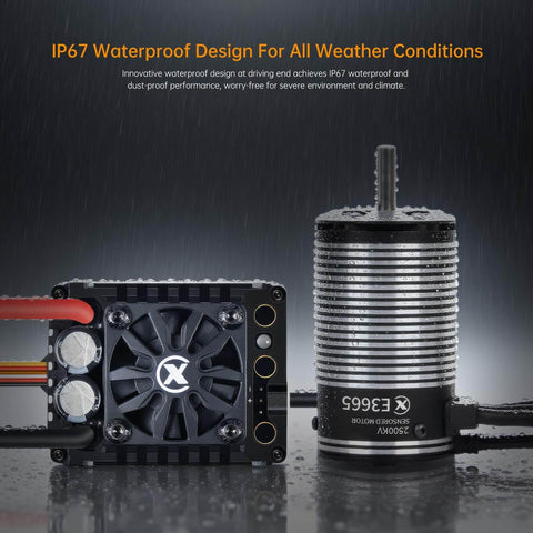 Sensored Brushless Motor And ESC Combo For RC Car With Beefy Power, Two To Four S LiPo, IP67 Waterproof, 3300KV Motor With E10 ESC, XT60 Connector, Ready For One Tenth Scale Short Course Cars Trucks And Monster RC Trucks displayed, emphasizing the waterproof design.