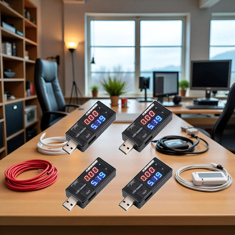 4 Pack USB Power Meters With LCD Readout, USB Current Meter And Voltage Tester 3 To 9V 0 To 5A displayed on a desk
