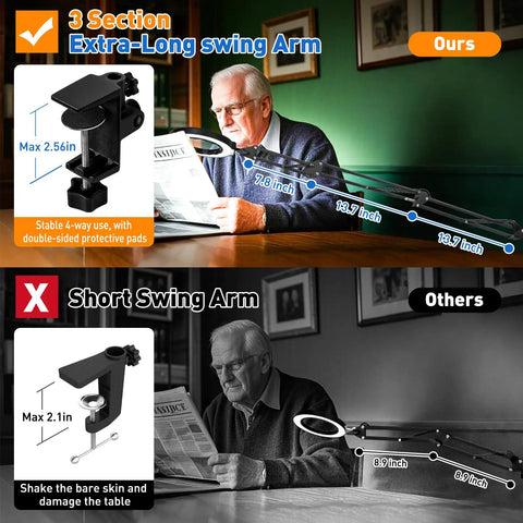Comparison of 3-section swing arm magnifying lamp with four-way clamp vs. short swing arm.