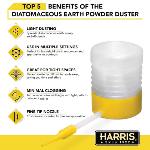 Diatomaceous Earth Powder Duster With 6 Inch Extension Nozzle for effortless DE application, benefits listed beside the duster