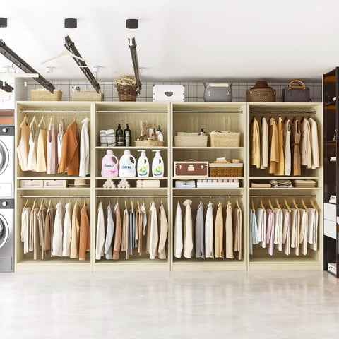 Built Different 12 Foot Modular Closet System With 8 Hanging Rods, Heavy Duty 4 Piece Wood Wardrobe Organizer With 2800 Lbs Capacity, White Oak Finish Wall To Wall Storage Shelves For Walk In Closets