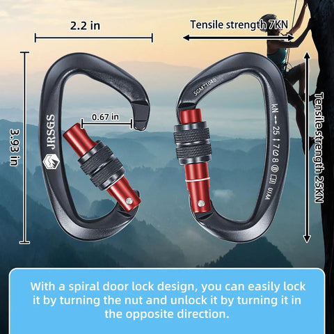 Beefy 25kN Locking Climbing Carabiner UIAA Certified Heavy Duty Large Size for Climbing with dimensions and specs.
