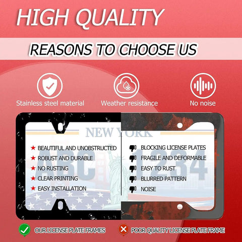 High quality stainless steel license plate frame comparison chart with floral print design, featuring better durability and weather resistance benefits.