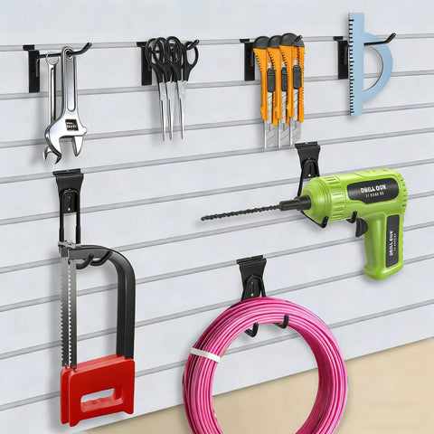 Heavy-Duty Slatwall Baskets and Hooks Kit for Standard Slatwall Panels, A Must-Have for Garage and Workshop Organization, 32-Piece Set With 4 Baskets and 28 Hooks, Fits Most Slatwall Systems in use with tools on display.