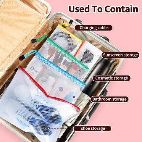 24 Piece Mesh Zipper Pouch Set For Organization In 8 Sizes And 8 Colors Waterproof Clear Travel Pouches With Zippers in suitcase