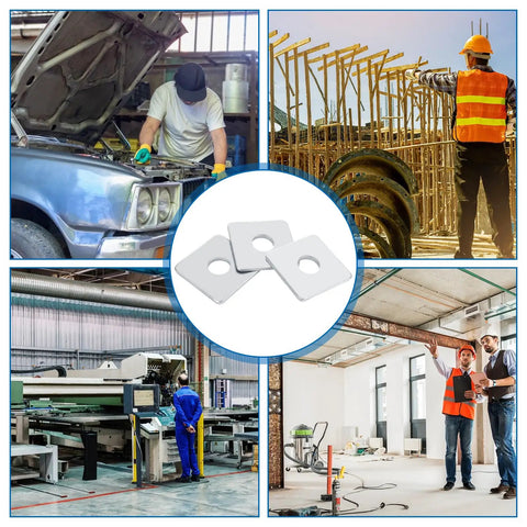 100 Piece Galvanized Square Plate Fender Washers 5/8 Inch Inner Diameter With 2 Inch Outer Dimension And Heavy 1/5 Inch Thickness used in various construction and industrial settings.