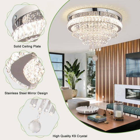 Modern 19.7 Inch Crystal Chandelier LED Flush Mount Ceiling Light showcased in living room with crystal details visible.