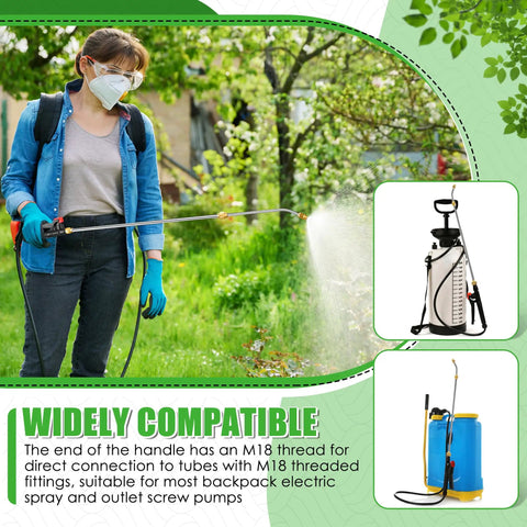 Person using Pump Action Garden Sprayer Wand Retractable 29 Inch Stainless Steel Replacement Wand With PVC Hose And Shut Off Valve Adjustable Spray Modes From Fine Mist To Direct Spray Ergonomic Locking Handle For Comfort Your Go To Yard Tool