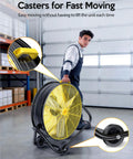 24 Inch Industrial Drum Fan With 320W Power, heavy-duty metal air circulator being moved by a man, showcasing easy move casters in warehouse