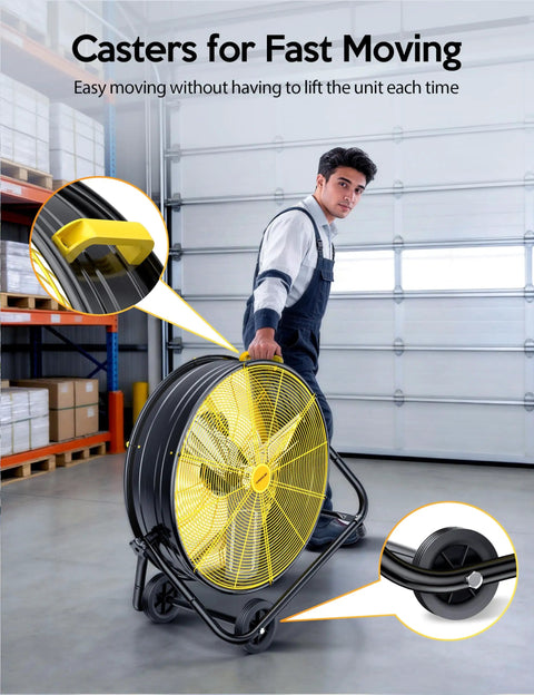 24 Inch Industrial Drum Fan With 320W Power, heavy-duty metal air circulator being moved by a man, showcasing easy move casters in warehouse