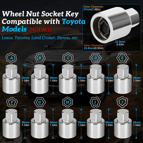 Wheel Lock Removal Kit With A J Wheel Lock Key For Toyota Vehicles, display of various wheel nut socket adapters A to J