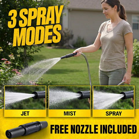BIONIC STEEL 50 ft metal garden hose with sprayer nozzle; stainless steel, non-kinking, three spray modes.