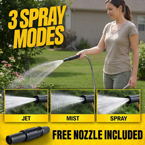 Person using Stainless Steel Garden Hose With Sprayer Nozzle, Heavy Duty 100 Ft Non Kinking Water Hose Five Eighths Inch, 3 spray modes