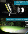 Rechargeable Magnetic Work Light 1200 Lumens With COB LED on tripod, showing bright wide-angle illumination outdoors