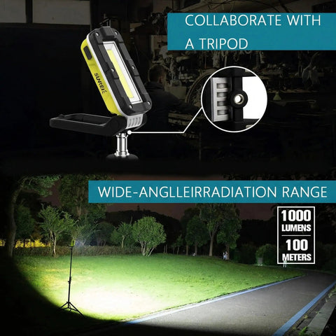 Rechargeable Magnetic Work Light 1200 Lumens With COB LED on tripod, showing bright wide-angle illumination outdoors