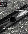 12 Inch Linear Shower Drain With Accessories Rectangular Floor Drain Reversible 2 In 1 Cover Tile Insert Grate Removable SUS304 Stainless Steel Matte Black CUPC Certified on black tile with water flow.