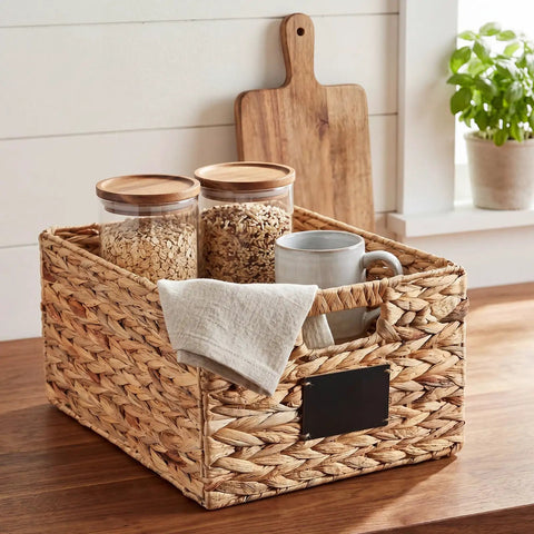 Two Pack Wicker Storage Baskets Rectangular Water Hyacinth Organizer with chalkboard label on kitchen counter